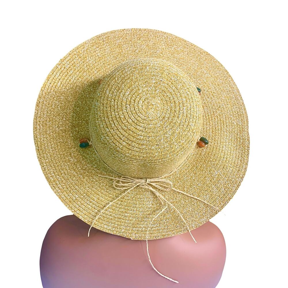 Strand Headwear Womens Summer Sun Hat Floppy Woven Straw Gold Thread Beaded Band